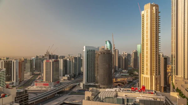 Rascacielos Bahía Negocios Dubai Timelapse Aérea Por Mañana Intersección Carreteras —  Fotos de Stock