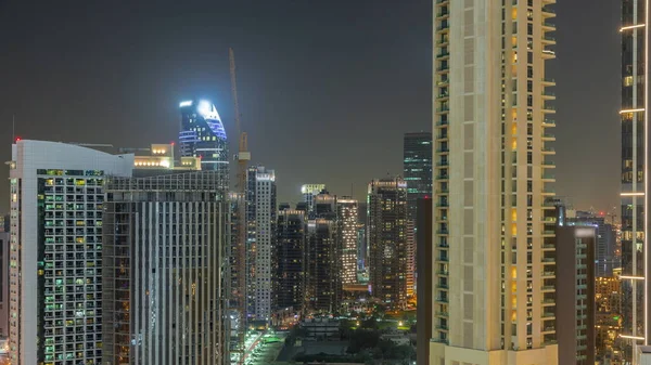 Skyscrapers Business Bay Dubai Aerial Night Timelapse Modern Buildings Construction — Stock Photo, Image