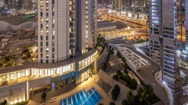 Legmagasabb Felhőkarcolók Dubai Belvárosában Bouleward Utcában Közel Bevásárlóközpont Antik Éjszakai — Stock Fotó