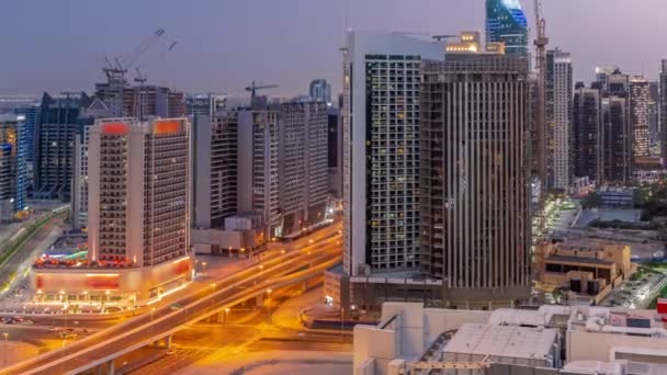 Rascacielos Bahía Negocios Dubai Día Aéreo Noche Transición Panorámica Timelapse — Vídeos de Stock