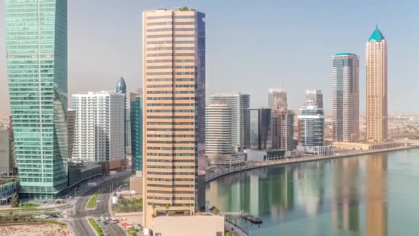 Rascacielos Cityscape Dubai Business Bay Con Canal Agua Temporizador Aéreo — Vídeos de Stock