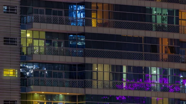 Windows Illuminated Night Modern Glass Building Timelapse Multi Level Skyscrapers — Stock Photo, Image