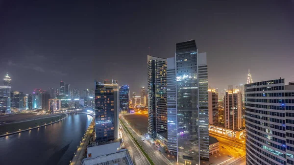 Cityscape Skyscrapers Dubai Business Bay Downtown Water Canal Aerial Night — Stock Photo, Image