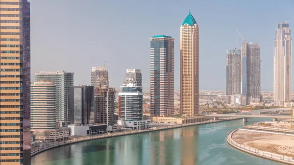 Rascacielos Cityscape Sitio Construcción Dubai Business Bay Con Timelapse Aéreo — Foto de Stock