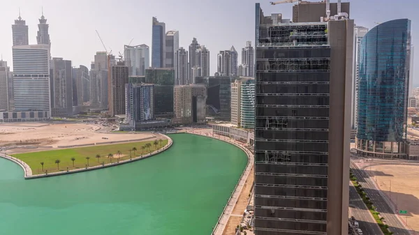 Rascacielos Cityscape Dubai Business Bay Con Timelapse Aéreo Del Canal —  Fotos de Stock