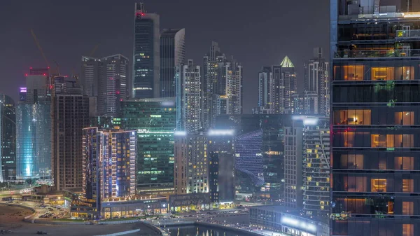 Városkép Felhőkarcolók Dubai Business Bay Vízcsatorna Légi Éjszakai Időeltolódás Modern — Stock Fotó
