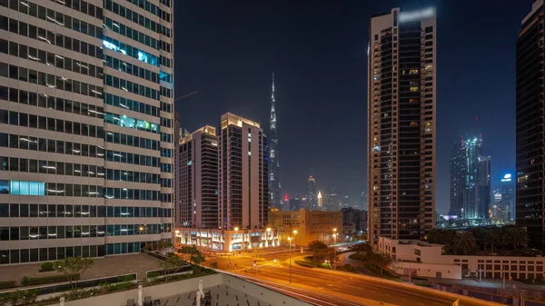 Aerial Panoramic View Dubai Downtown Difc Skyscrapers Busy Traffic Intersection — Stock Photo, Image
