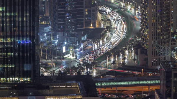 Tráfico Ocupado Intersección Centro Dubái Timelapse Noche Aérea Muchos Coches —  Fotos de Stock