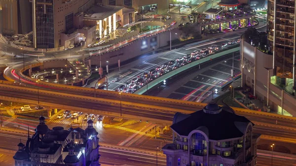 Dichter Verkehr Auf Der Überführungskreuzung Dubai Downtown Nächtlichen Zeitraffer Viele — Stockfoto