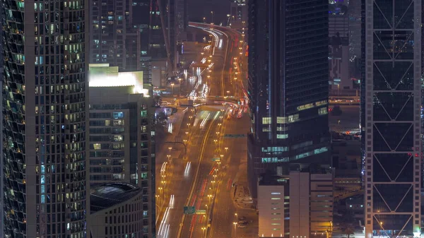 Tráfico Ocupado Autopista Centro Dubái Timelapse Noche Aérea Muchos Coches —  Fotos de Stock