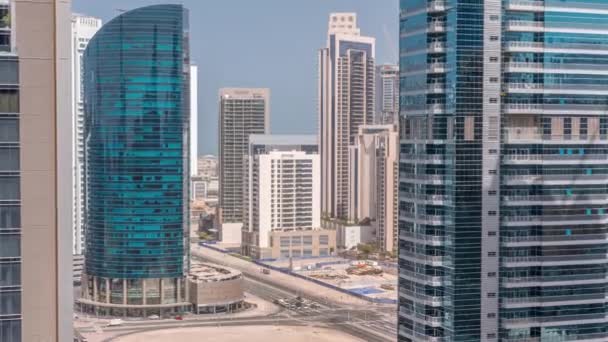 Cityscape Небоскребы Dubai Business Bay Большим Пересечением Воздушного Timelapse Современные — стоковое видео