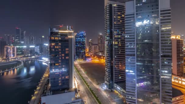 Şehir Merkezi Dubai Deki Gökdelenlerin Business Bay Tüm Gece Boyunca — Stok video