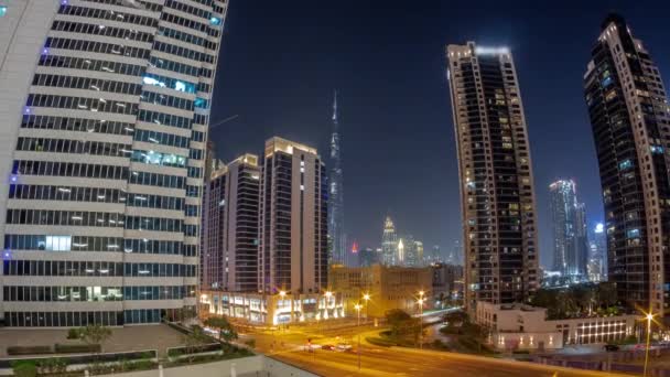 Воздушная Панорама Центра Дубая Небоскребы Difc Оживленным Движением Пересечении Деловом — стоковое видео