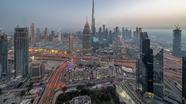 Flygfoto Panoramautsikt Över Högsta Tornen Dubai Downtown Skyline Och Motorväg — Stockfoto