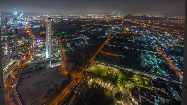 Βίλες Στην Περιοχή Zabeel Ουρανοξύστες Φόντο Εναέρια Πανοραμική Νύχτα Timelapse — Φωτογραφία Αρχείου