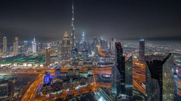 Luchtfoto Van Hoogste Torens Dubai Downtown Skyline Snelweg Nacht Timelapse — Stockfoto