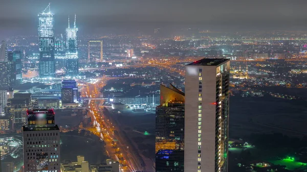 Vista Aérea Arranha Céus Perto Centro Financeiro Dubai Timelapse Noite — Fotografia de Stock