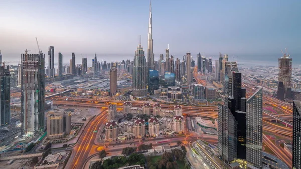 Letecké Panorama Nejvyšších Věží Dubaji Centrum Města Obzorem Noc Den — Stock fotografie