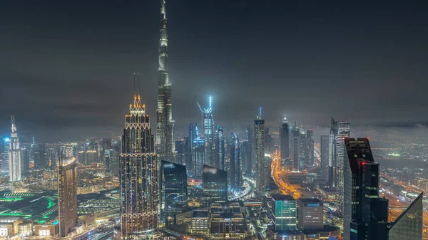 Luchtfoto Van Hoogste Torens Dubai Downtown Skyline Snelweg Nacht Timelapse — Stockfoto