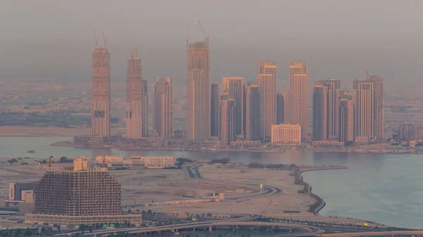 Dubai Creek Harbor Skyscrapers Towers Construction Aerial Timelapse Sunset Road — Stock Photo, Image