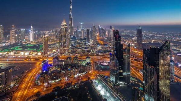 Flygfoto Över Högsta Tornen Dubai Downtown Skyline Och Motorväg Dag — Stockfoto