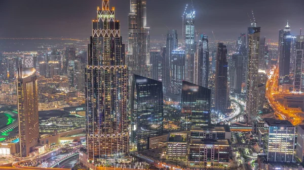 Vista Aérea Das Torres Mais Altas Dubai Downtown Skyline Night — Fotografia de Stock