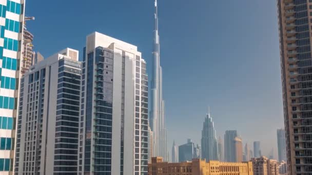 Flyg Panoramautsikt Över Dubai Centrum Och Difc Skyskrapor Med Upptagen — Stockvideo