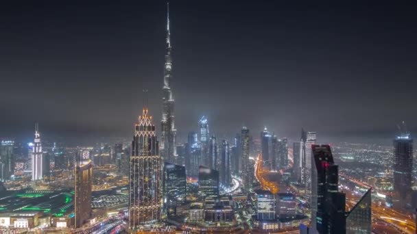 Widok Lotu Ptaka Najwyższe Wieże Dubaju Linia Górska Downtown Nocny — Wideo stockowe