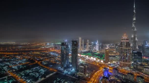 Widok Lotu Ptaka Najwyższe Wieże Dubaju Linia Górska Downtown Nocny — Wideo stockowe