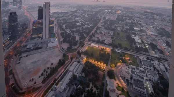 Villas Distrito Zabeel Con Rascacielos Sobre Fondo Aéreo Noche Día — Foto de Stock