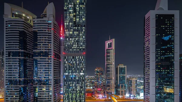 Légi Kilátás Dubai Nemzetközi Pénzügyi Körzet Sok Felhőkarcolók Éjszakai Időbeosztás — Stock Fotó