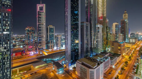 Luchtfoto Van Dubai International Financial District Met Veel Wolkenkrabbers Nachtelijke — Stockfoto