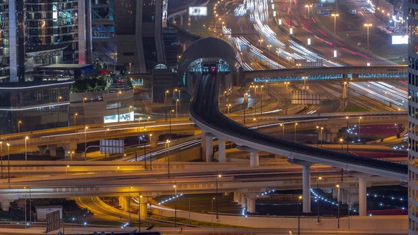 Busy Sheikh Zayed Road Junction Aerial Night Timelapse Metro Railway — Stock Photo, Image