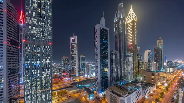 Aerial Panoramic View Dubai International Financial District Many Skyscrapers Night — Stock Photo, Image