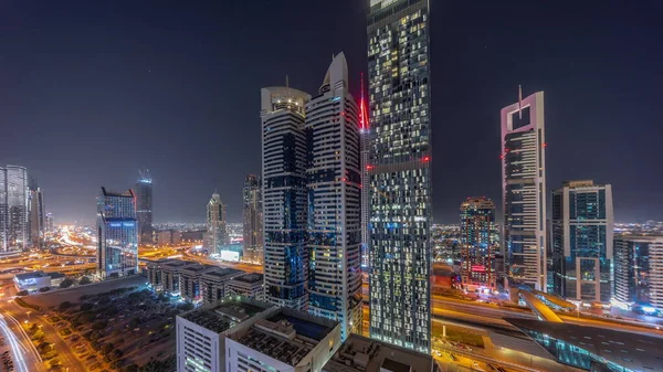 Letecký Panoramatický Výhled Dubaj Mezinárodní Finanční Čtvrti Mnoha Mrakodrapy Noční — Stock fotografie