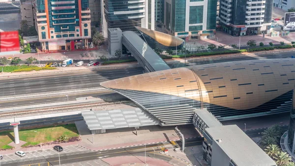 Upptagen Sheikh Zayed Road Trafik Antenn Timelapse Tunnelbanestation Avfart Och — Stockfoto