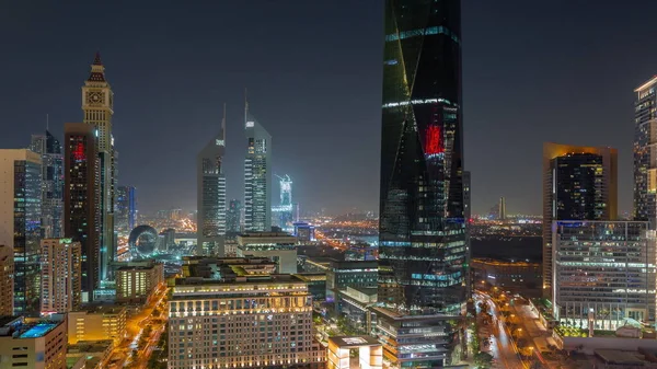 Légi Kilátás Dubai Nemzetközi Pénzügyi Körzet Sok Irodai Felhőkarcolók Éjszakai — Stock Fotó
