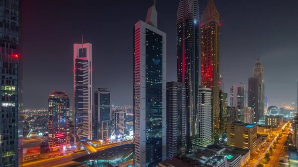 Letecký Pohled Dubaj Mezinárodní Finanční Čtvrti Mnoha Mrakodrapy Během Celé — Stock fotografie