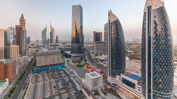 Flygfoto Över Dubai International Financial District Med Många Skyskrapor Timelapse — Stockfoto