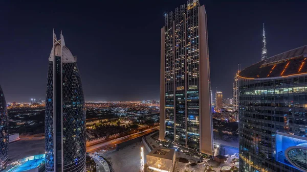 Panorama Powietrzna Dubai International Financial District Wieloma Drapaczami Chmur Nocy — Zdjęcie stockowe