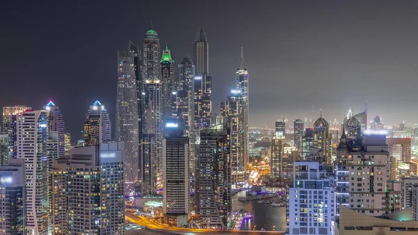 Kilátás Különböző Felhőkarcolók Legmagasabb Rekreációs Blokk Dubai Marina Légi Éjszakai — Stock Fotó