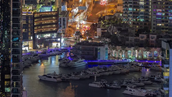 Aerial View Yachts Floating Harbor Night Timelapse White Boats Parked — Stock Photo, Image