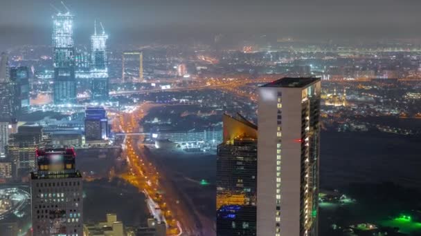 Vista Aerea Grattacieli Vicino Centro Finanziario Dubai Notte Timelapse Cantiere — Video Stock