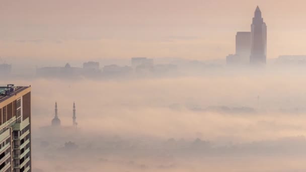 Skyline Dubai City Modern Skyskrapor Covered Morning Fog Deira District — Stockvideo