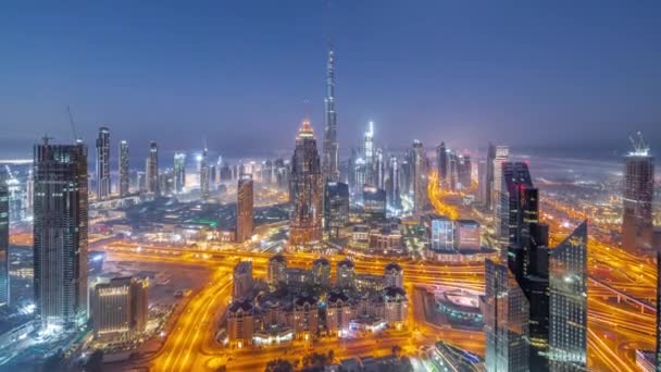 Luftpanorama Højeste Tårne Dubai Downtown Skyline Nat Til Dag Overgang – Stock-video