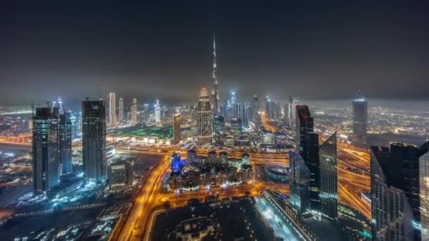 Panorama Lotu Ptaka Najwyższych Wież Dubaju Centrum Miasta Nocny Rozkład — Wideo stockowe