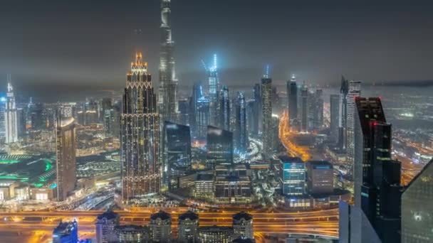 Letecký Pohled Nejvyšší Věže Dubaji Downtown Panorama Dálnice Noční Čas — Stock video