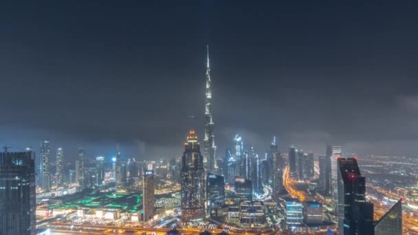 Letecké Panorama Nejvyšších Věží Dubaji Downtown Panorama Dálnice Celou Noc — Stock video
