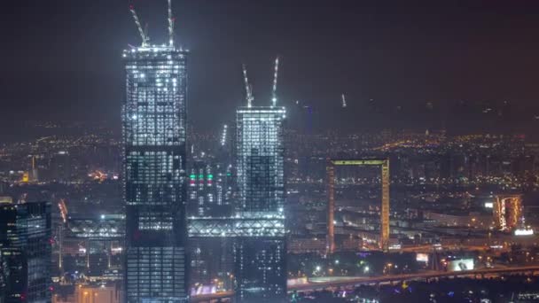 Flygfoto Över Skyskrapor Nära Finansiella Centrum Dubai Natt Timelapse Byggarbetsplats — Stockvideo