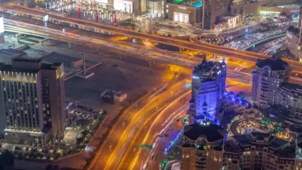 Dichter Verkehr Auf Der Überführungskreuzung Dubai Downtown Nächtlichen Zeitraffer Viele — Stockvideo